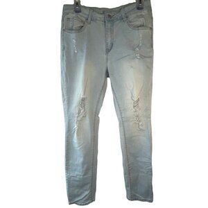 Style Me jeans stonewashed distressed light blue pockets zip button up size READ
